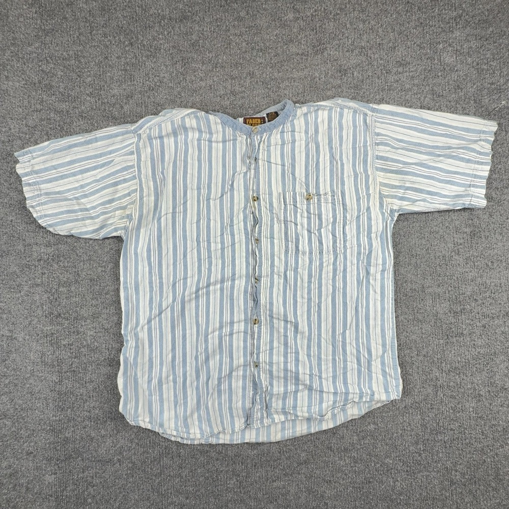 VTG Faded Glory Shirt Mens Large Blue White Striped Short Sleeve Band Collar